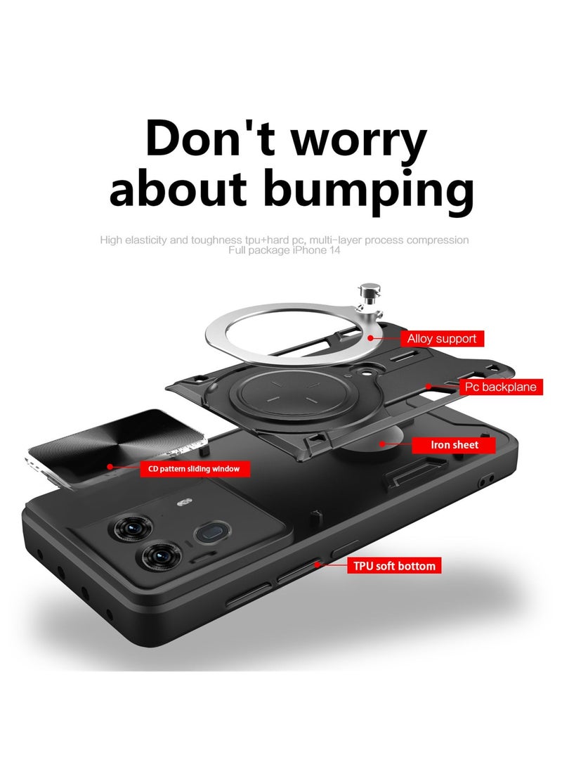 Motorola Edge 50 Ultra 5G Protective Case with Slide Camera Lens Cover 360 Degree Rotating Kickstand Ring Shockproof Bumper Compatible with Car Magnetic Mount Black - Image 3