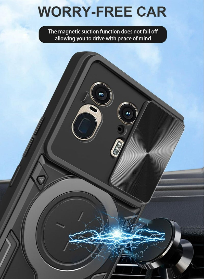 Motorola Edge 50 Ultra 5G Protective Case with Slide Camera Lens Cover 360 Degree Rotating Kickstand Ring Shockproof Bumper Compatible with Car Magnetic Mount Black - Image 2