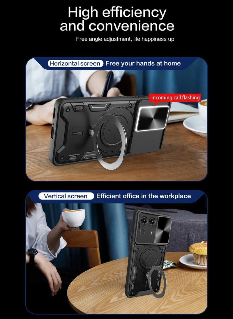 Motorola Edge 50 Ultra 5G Protective Case with Slide Camera Lens Cover 360 Degree Rotating Kickstand Ring Shockproof Bumper Compatible with Car Magnetic Mount Black - Image 5
