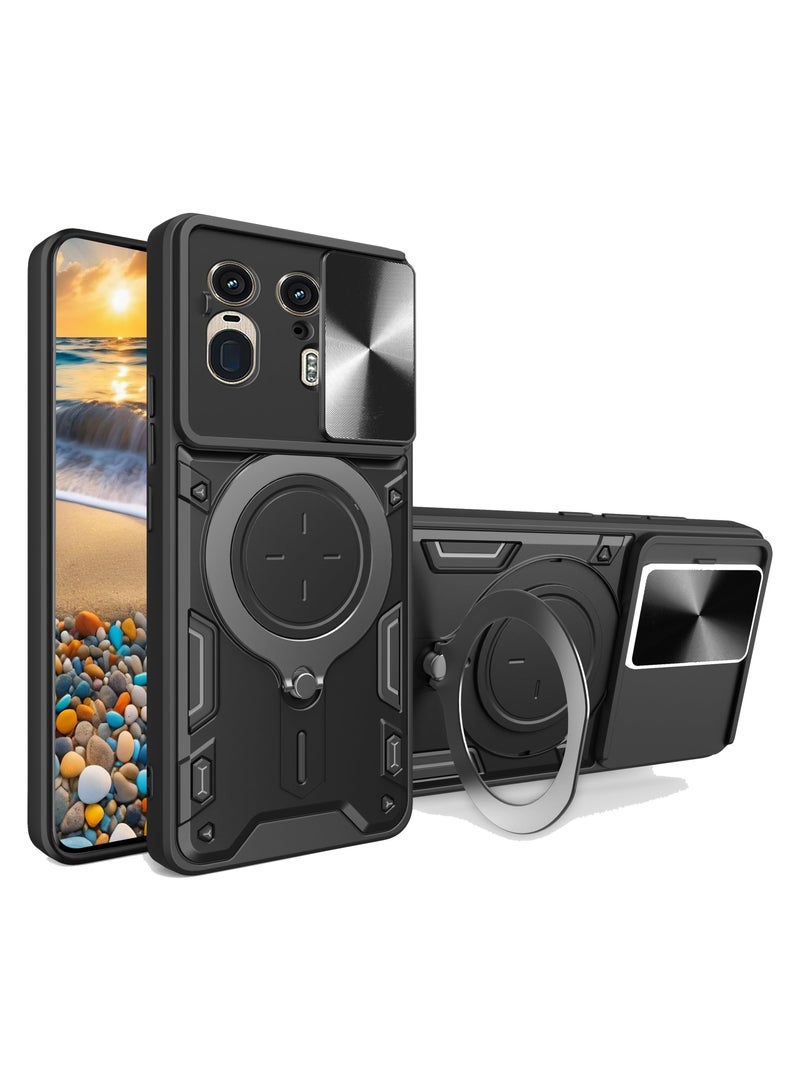 Motorola Edge 50 Ultra 5G Protective Case with Slide Camera Lens Cover 360 Degree Rotating Kickstand Ring Shockproof Bumper Compatible with Car Magnetic Mount Black - Image 1