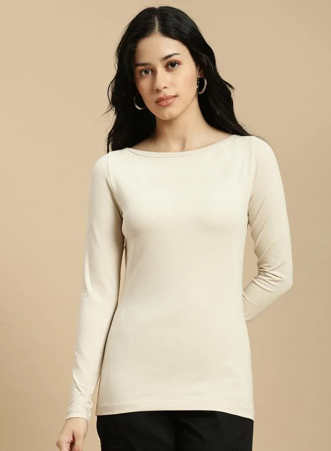 ECOLORE Beige Plain Boat Neck Long Sleeves Top
