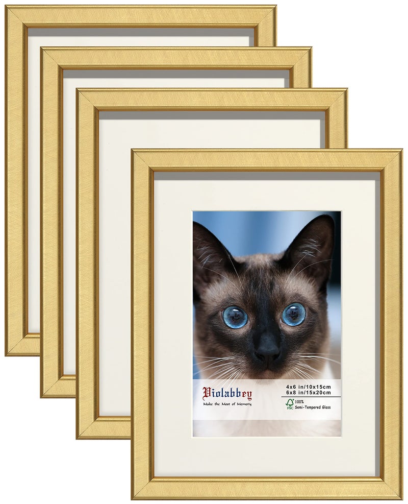 VIOLABBEY 6x8 Picture Frame Set of 4 Gold Photo Frame Display 4x6 Photo with Mat and 6x8 without Mat Wall or Tabletop HD Real Glass