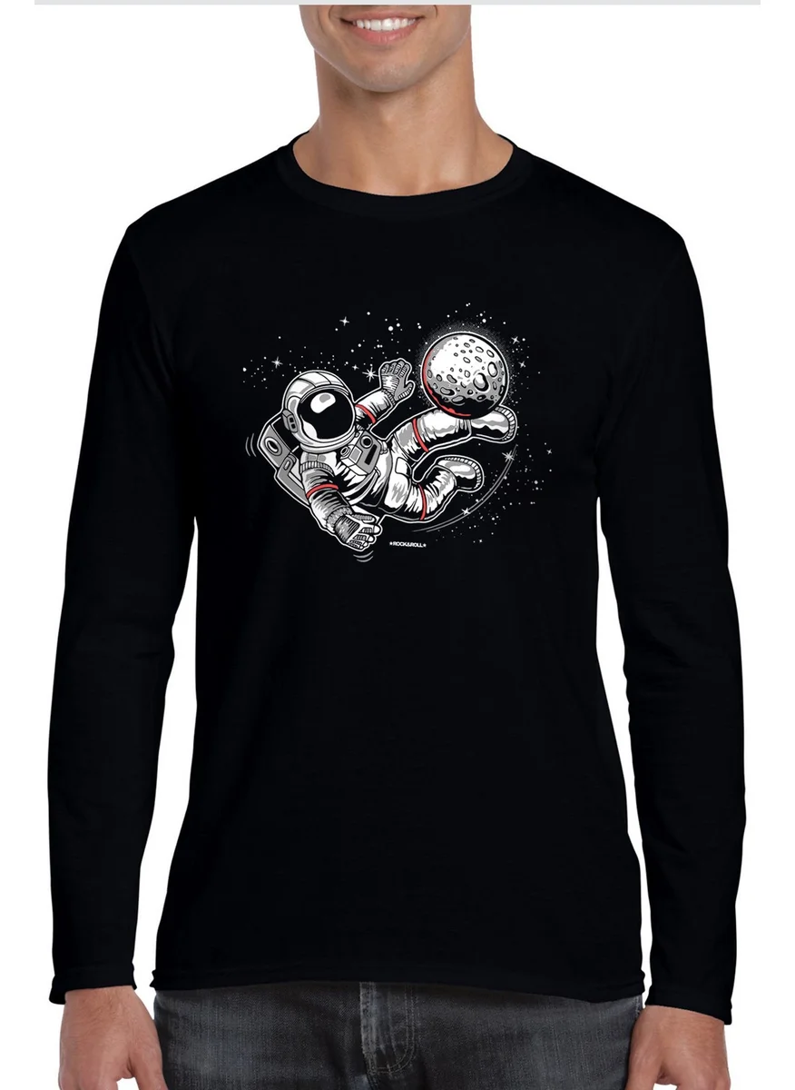 روك اند رول Football Player Astronaut Crew Neck Black Long Sleeve Combed Cotton Men's T-Shirt