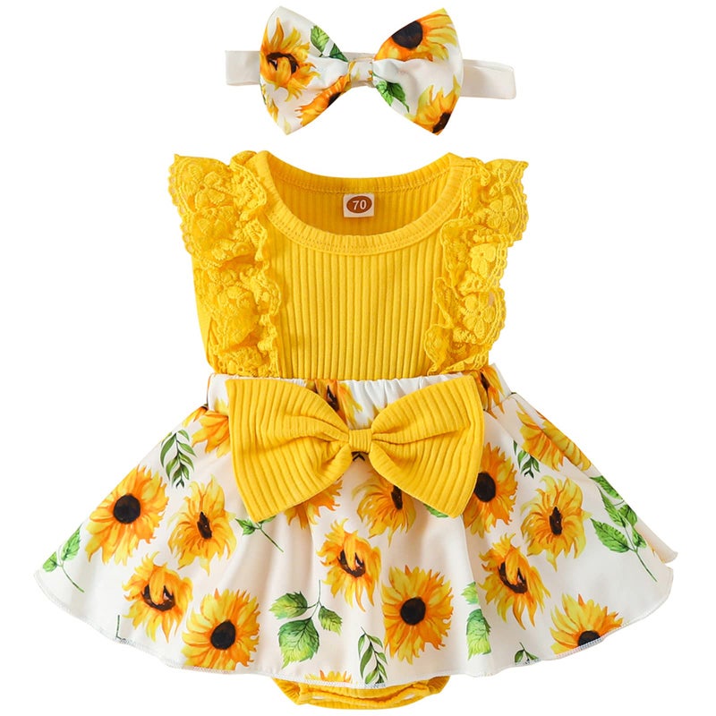 Mubineo Baby Girl Summer Clothes Outfits Sleeveless Lace Floral Romper Dress Newborn Outfit (Yellow Sunflower, 0-3 Months) - Image 1