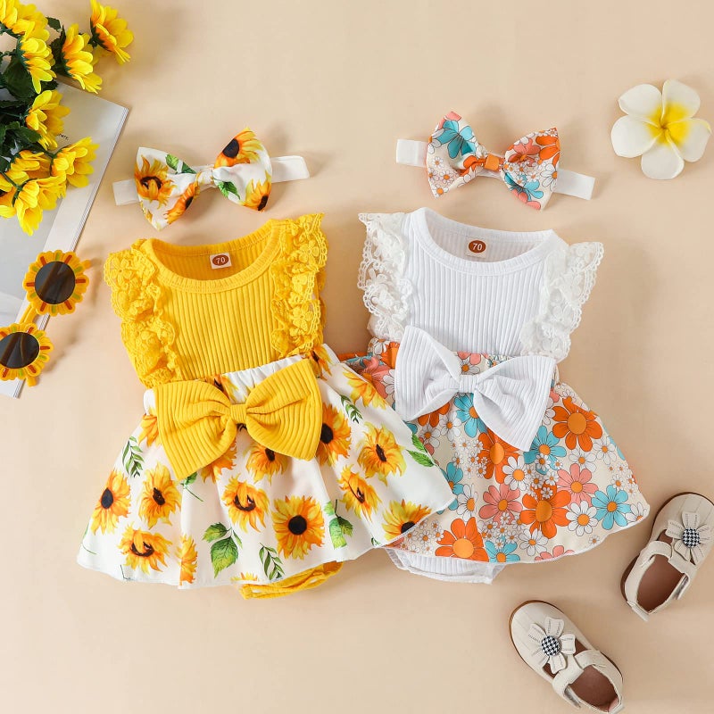 Mubineo Baby Girl Summer Clothes Outfits Sleeveless Lace Floral Romper Dress Newborn Outfit (Yellow Sunflower, 0-3 Months) - Image 2