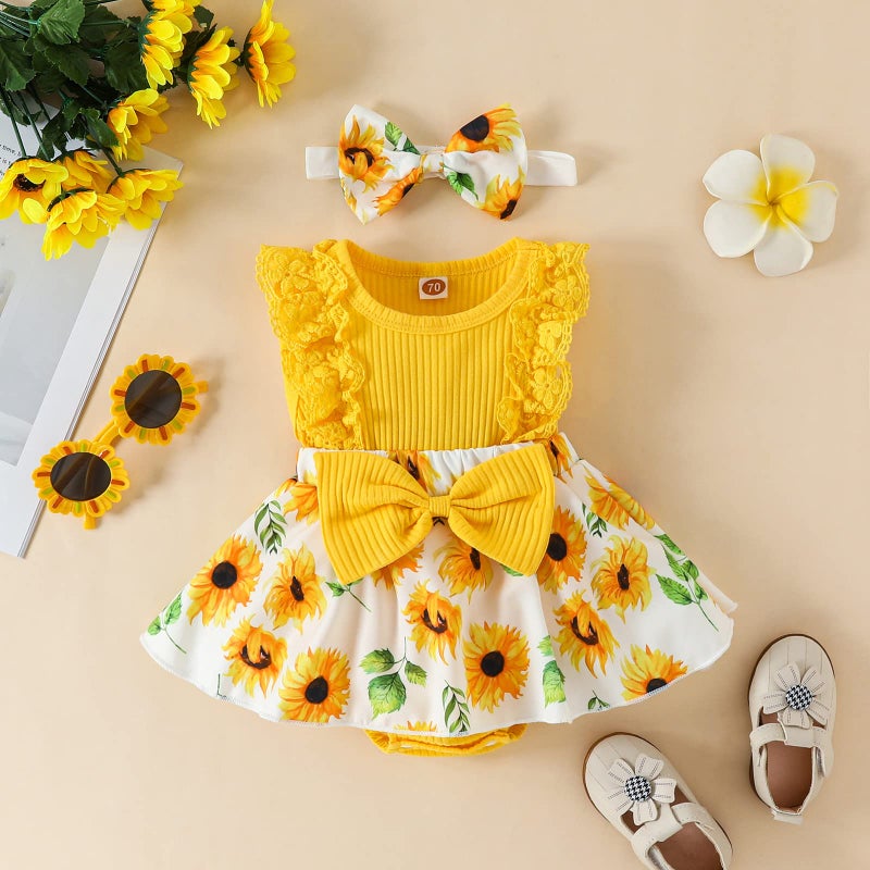 Mubineo Baby Girl Summer Clothes Outfits Sleeveless Lace Floral Romper Dress Newborn Outfit (Yellow Sunflower, 0-3 Months) - Image 3