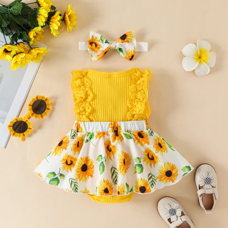 Mubineo Baby Girl Summer Clothes Outfits Sleeveless Lace Floral Romper Dress Newborn Outfit (Yellow Sunflower, 0-3 Months) - Image 4