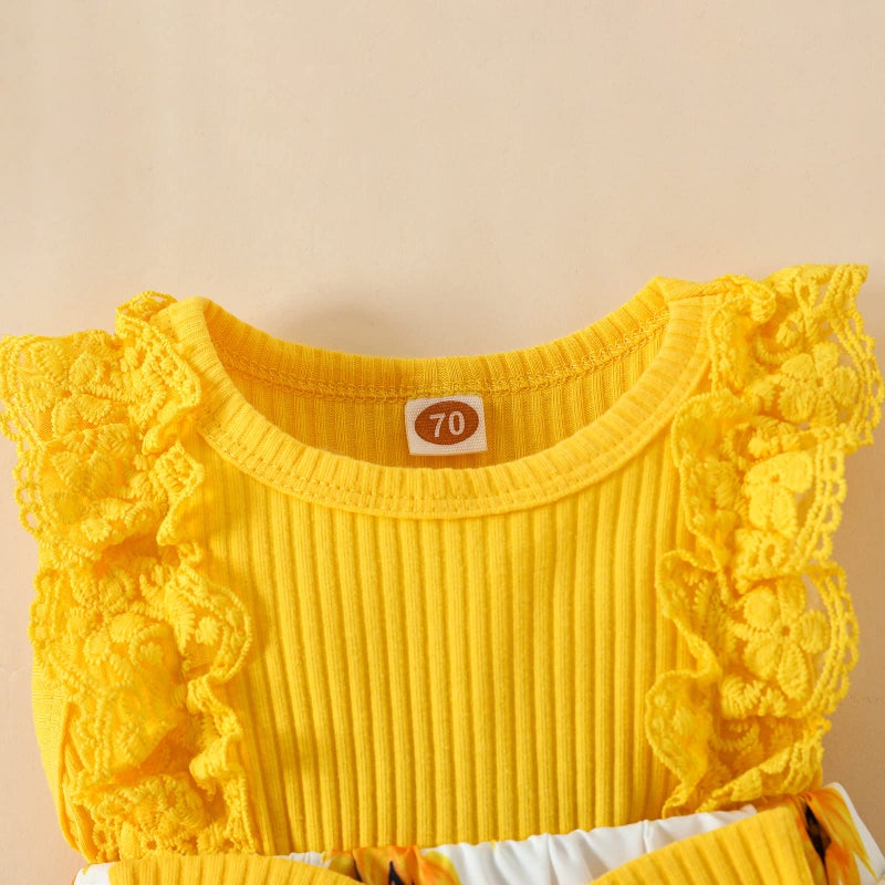 Mubineo Baby Girl Summer Clothes Outfits Sleeveless Lace Floral Romper Dress Newborn Outfit (Yellow Sunflower, 0-3 Months) - Image 5