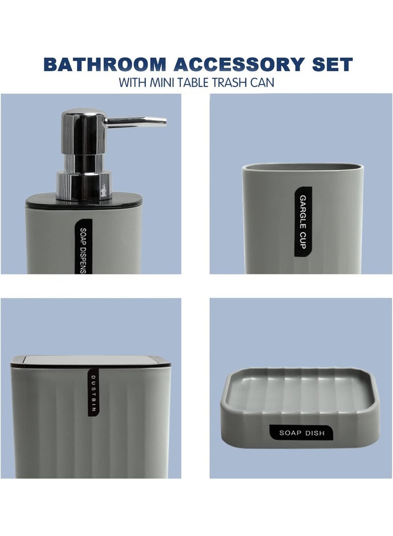 Bathroom Accessories Set 4 Piece Bath Ensemble Includes Trash Can, Soap Dispenser, Toothbrush Holder, Toothbrush Cup for Decorative Countertop and Housewarming Gift, Grey (BA021) - Image 3