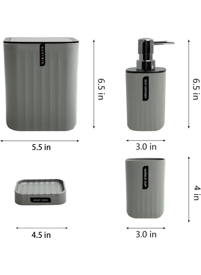 Bathroom Accessories Set 4 Piece Bath Ensemble Includes Trash Can, Soap Dispenser, Toothbrush Holder, Toothbrush Cup for Decorative Countertop and Housewarming Gift, Grey (BA021) - Image 2