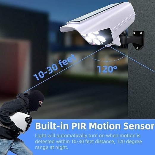 Jenibri 1Pcs Solar Security Camera Fake Solar Powered Sensor Light 77 LED Street Spotlight Solar Lamp Outdoor Garden Light Wall Lamp Fake Camera with Light CCTV Dome Camera Security System - Image 3