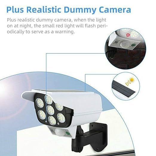Jenibri 1Pcs Solar Security Camera Fake Solar Powered Sensor Light 77 LED Street Spotlight Solar Lamp Outdoor Garden Light Wall Lamp Fake Camera with Light CCTV Dome Camera Security System - Image 5