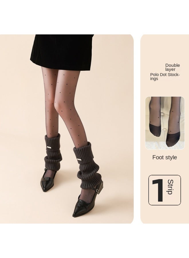 Fleece-lined Polka Dot Black Sheer Pantyhose For Women, Autumn And Winter Double-layer Leggings, Thickened Black Tights