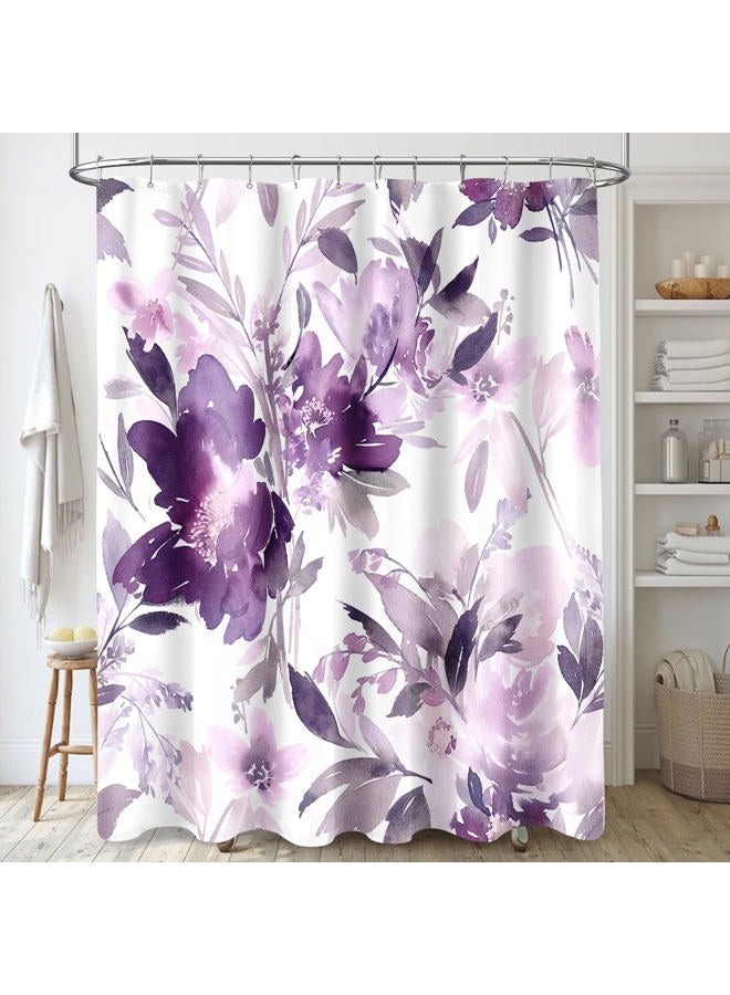MAYZUS Purple Floral Shower Curtain, Watercolor Lavender Flower Shower Curtain for Bathroom, Modern Abstract Ink Decorative Fabric Shower Curtain Set with Hooks 72x72 - Image 1