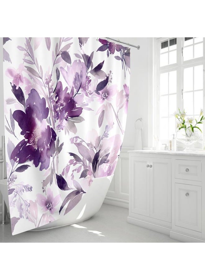 MAYZUS Purple Floral Shower Curtain, Watercolor Lavender Flower Shower Curtain for Bathroom, Modern Abstract Ink Decorative Fabric Shower Curtain Set with Hooks 72x72 - Image 2
