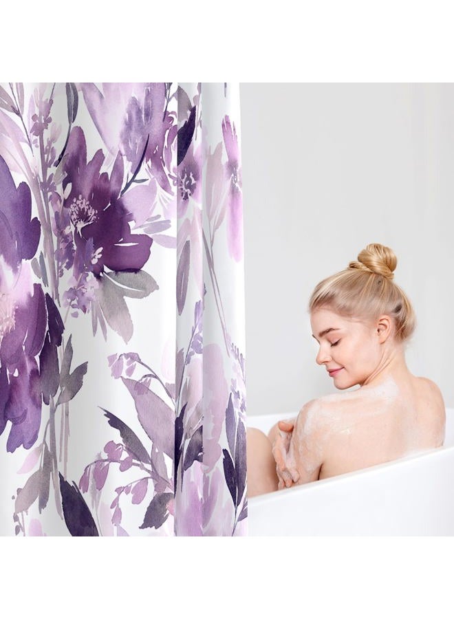 MAYZUS Purple Floral Shower Curtain, Watercolor Lavender Flower Shower Curtain for Bathroom, Modern Abstract Ink Decorative Fabric Shower Curtain Set with Hooks 72x72 - Image 3