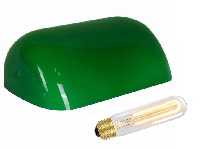 BP LAMP CASED GREEN GLASS LAMP SHADE REPLACEMENT BANKERS LAMP OR PHARMACY SHADE WITH BULB