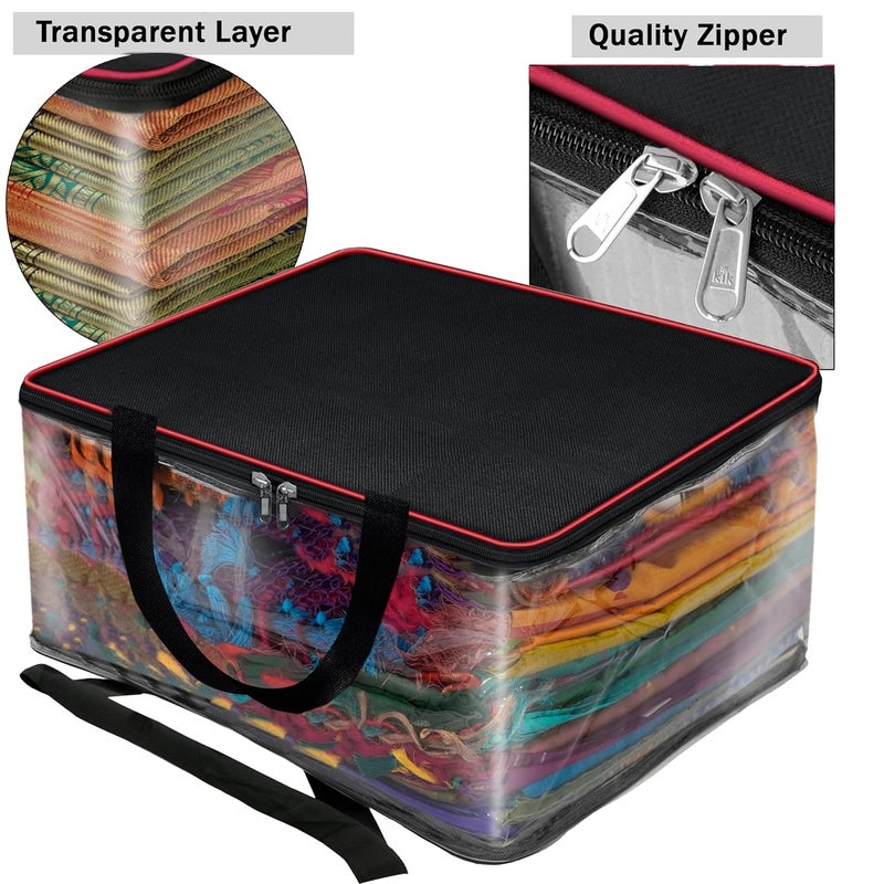 SNDIA 2 Pack Nylon 33 L PVC Transparent Clothes storage BagsSaree Covers with Zip for Storage Specially Design for Woman DressesSareesLehngas for Wardrobe OrganizerRedBlack 39x34x21cm - Image 4