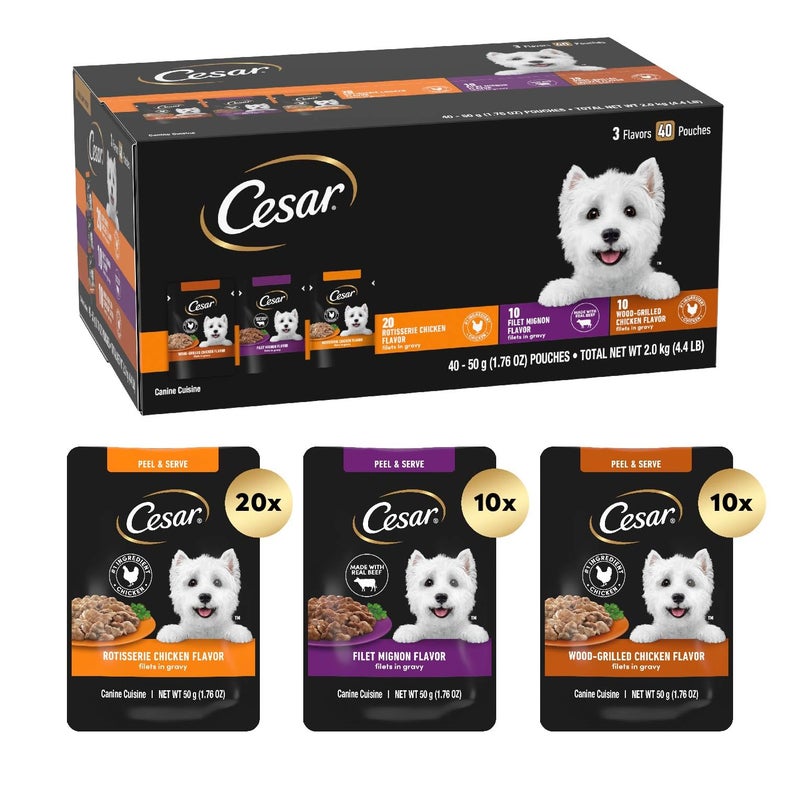 Cesar Filets in Gravy Wet Dog Food Filet Mignon Flavor, Rotisserie Chicken Flavor, and Wood-Grilled Chicken Flavor Variety Pack, 1.76 oz. Mini-Pouches (40 Count, Pack of 1) - Image 2