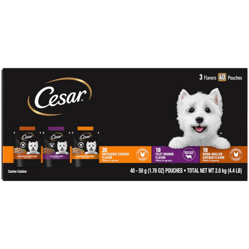 Cesar Filets in Gravy Wet Dog Food Filet Mignon Flavor, Rotisserie Chicken Flavor, and Wood-Grilled Chicken Flavor Variety Pack, 1.76 oz. Mini-Pouches (40 Count, Pack of 1) - Image 1