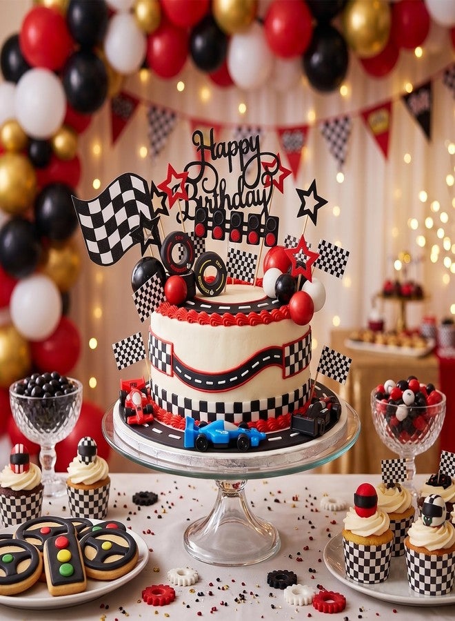 بيبو زينة كعكة سيارات السباق من بيبو، مجموعة زينة كب كيك السباق - سيارات سباق، أعلام مربعة، عجلات، إشارات مرور، كرة، لوازم حفلات أعياد الميلاد بطابع سيارات السباق السريع. - Image 3