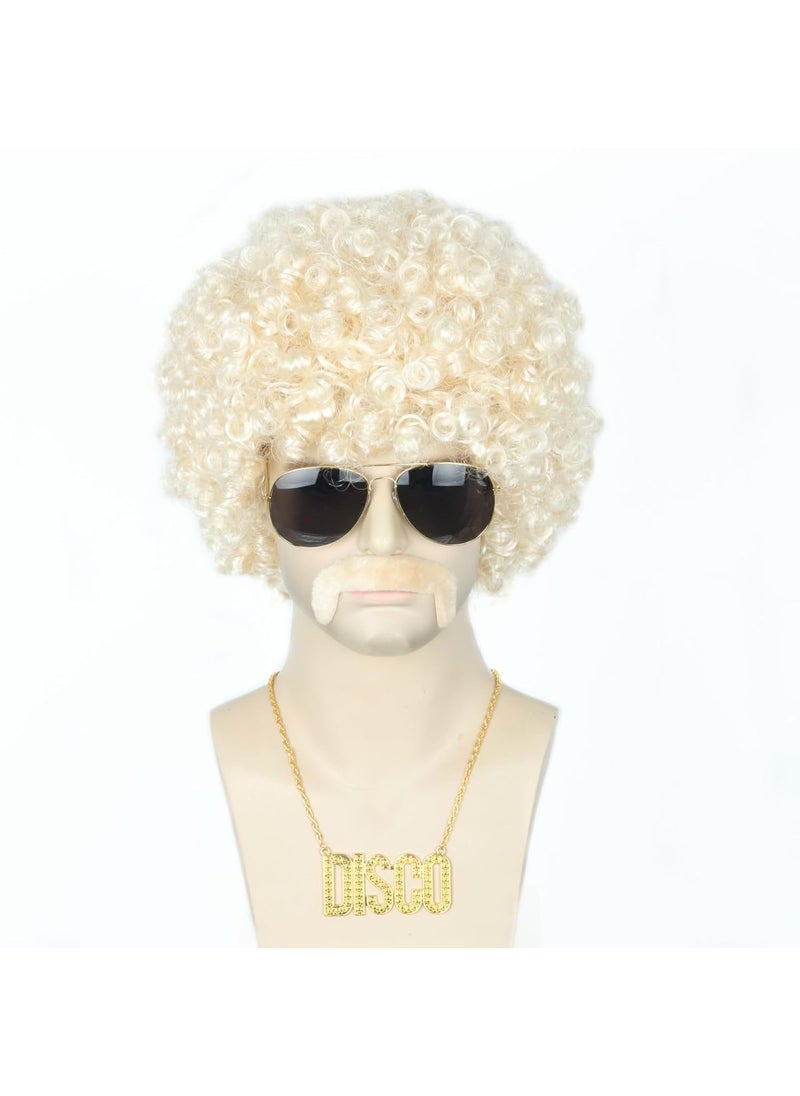 Topcosplay 5pcs Set Blonde 70s 80s Disco Wig for Men Women Afro Wig Rock Party Outfit Short Curly Wigs Halloween Costume Accessories 