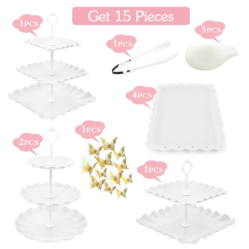 Horchen 15 PCS Dessert Table Display Set White Cupcake Stand,3 Tiered Tray Stand Cup Cake Tower Holder, Cake Stand Serving Trays Dessert Display Stands for Tea Party Wedding Baby Shower-White - Image 3