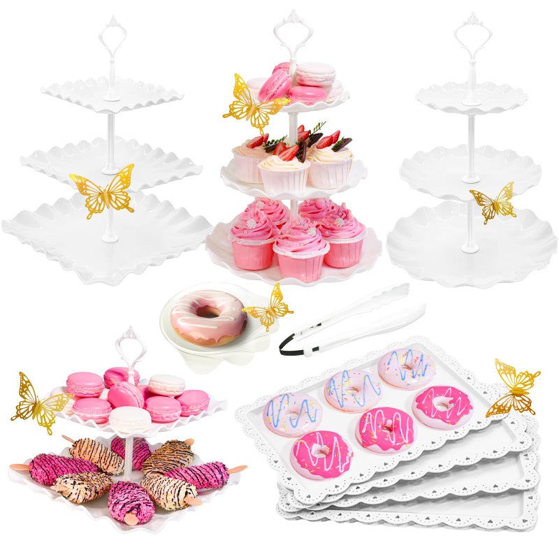 Horchen 15 PCS Dessert Table Display Set White Cupcake Stand,3 Tiered Tray Stand Cup Cake Tower Holder, Cake Stand Serving Trays Dessert Display Stands for Tea Party Wedding Baby Shower-White - Image 1