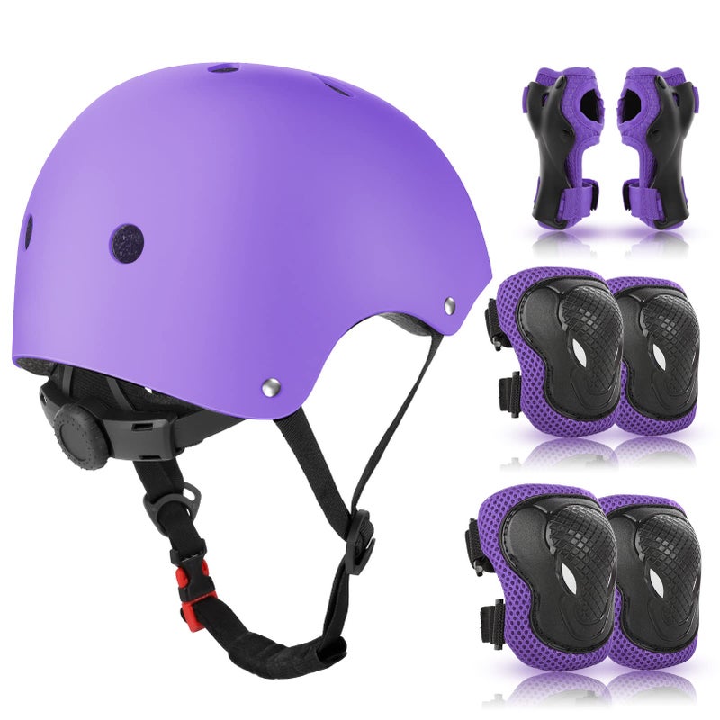 WayEee WayEee Kids Helmet and Pads Set Age 3-10 Years, Adjustable Kids Bike Helmets, Boys & Girls Kids Skateboard Helmet, Knee, Elbow &Wrist Pads Set, for Cycling, Roller Skating, Skateboard(Purple) - Image 1
