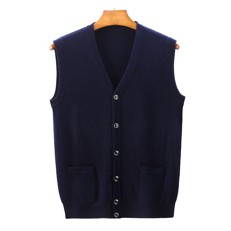 Wool Cardigan Middle-Aged Cardigan Middle-Aged Solid Color Waistcoat Dad'S Full Wool Thickened Wool Vest Sweater - Image 1