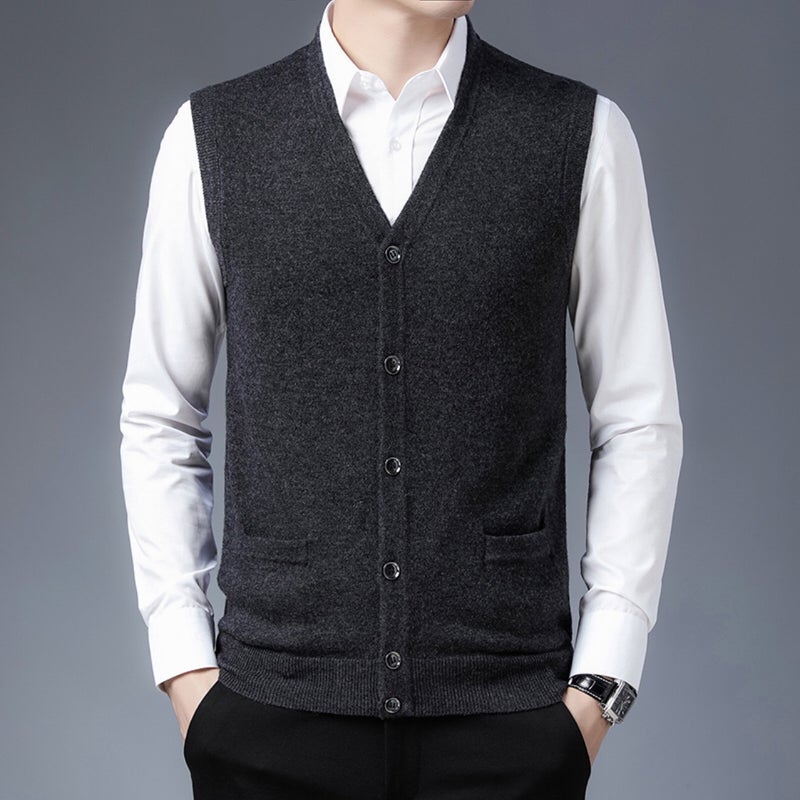 Wool Cardigan Middle-Aged Cardigan Middle-Aged Solid Color Waistcoat Dad'S Full Wool Thickened Wool Vest Sweater - Image 3