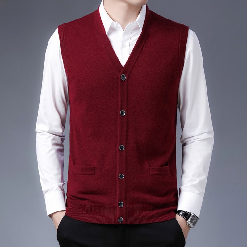 Wool Cardigan Middle-Aged Cardigan Middle-Aged Solid Color Waistcoat Dad'S Full Wool Thickened Wool Vest Sweater - Image 4