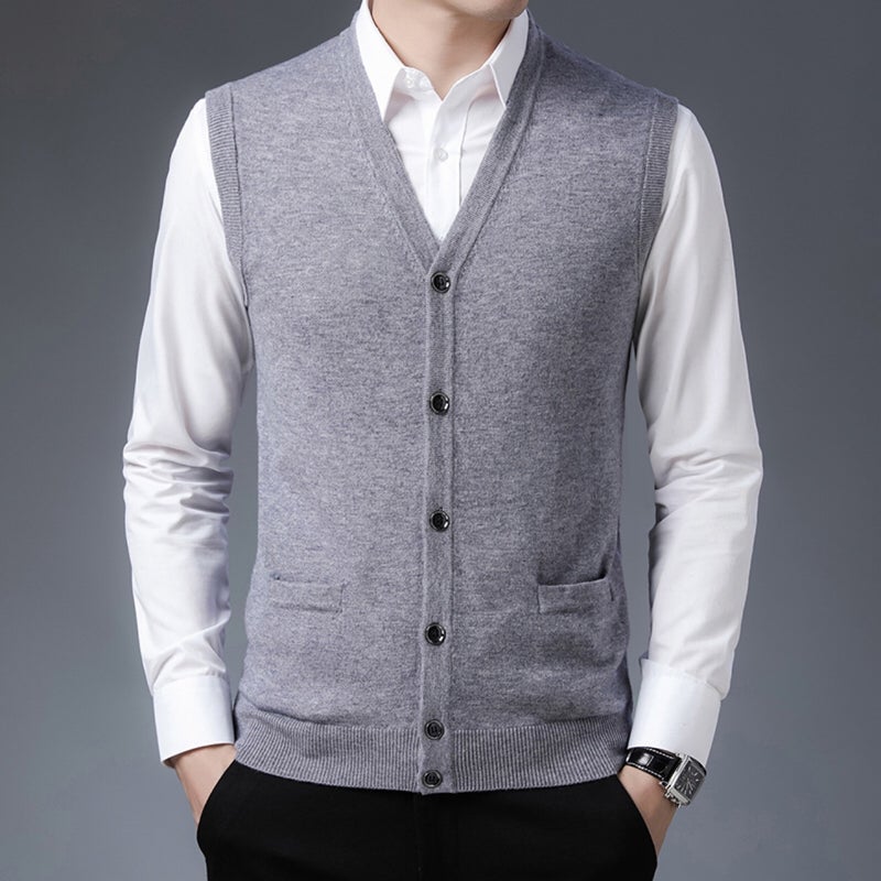 Wool Cardigan Middle-Aged Cardigan Middle-Aged Solid Color Waistcoat Dad'S Full Wool Thickened Wool Vest Sweater - Image 5