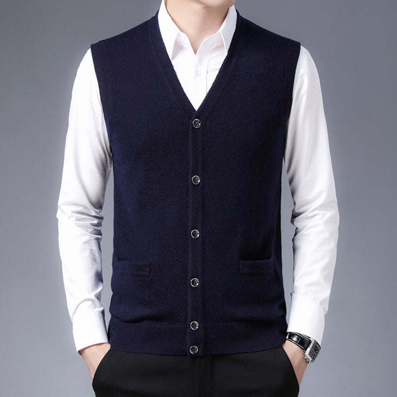 Wool Cardigan Middle-Aged Cardigan Middle-Aged Solid Color Waistcoat Dad'S Full Wool Thickened Wool Vest Sweater - Image 2