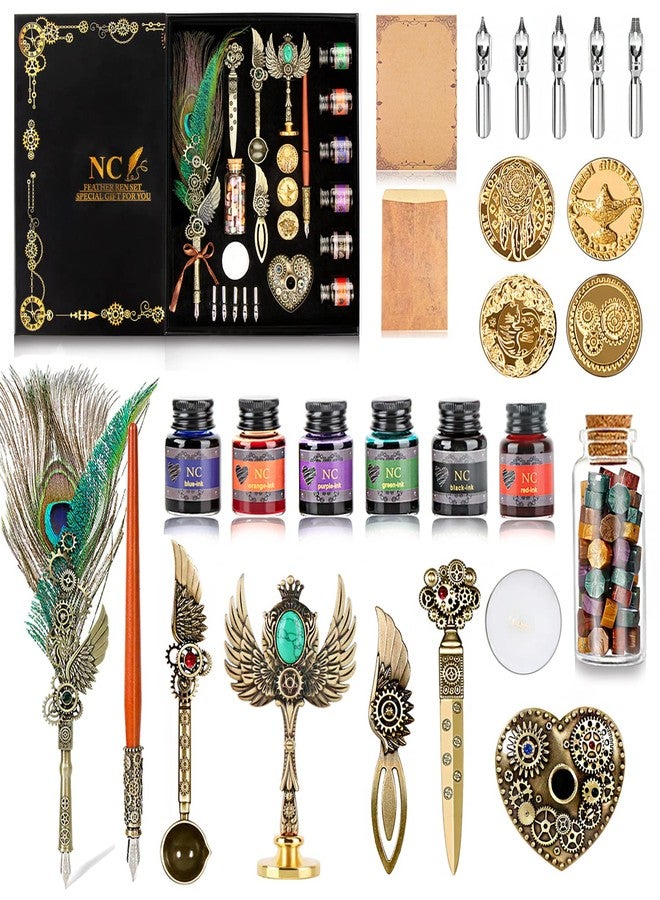 N.C NC Quill Pen Ink Set, Feather Calligraphy Pen Set, Wax Seal Stamp Set, Valentine's Day Gift for Writing Lovers, Various Holiday Ideal Gift (Peacock Feather) - Image 2