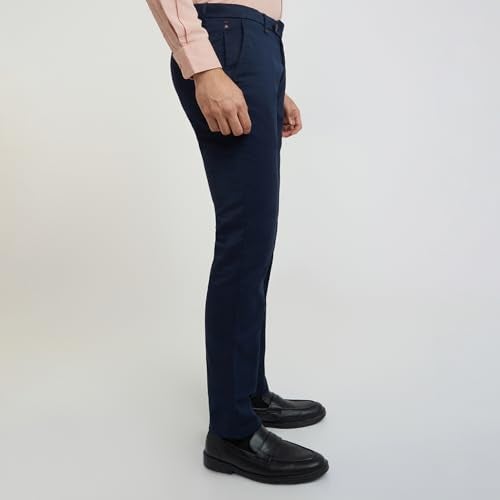 Raymond Men's Contemporary Fit Pure Cotton Structure Pattern Dark Blue Flat Front Casual Trouser - Image 2