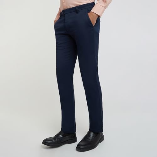 Raymond Men's Contemporary Fit Pure Cotton Structure Pattern Dark Blue Flat Front Casual Trouser - Image 3