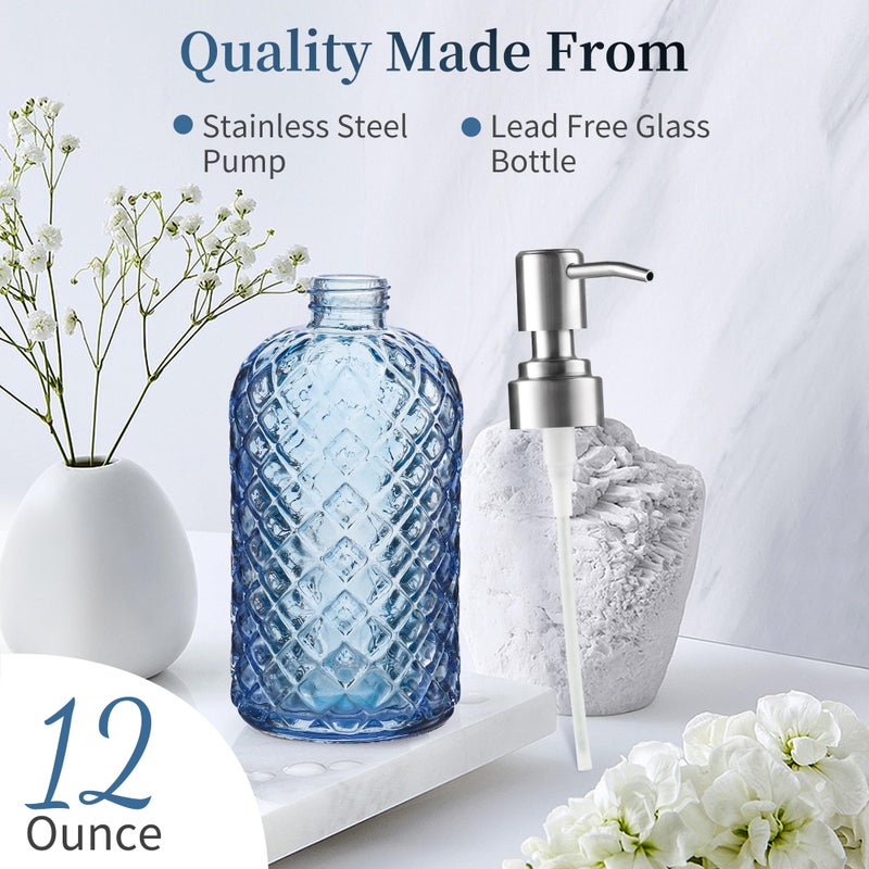 KAI SHUN 12 Oz Refillable Glass Soap Dispenser With Rust Proof Stainless Steel Pump  For Dispense Hand Soap  Body Wash  Lotion (Blue) - Image 3