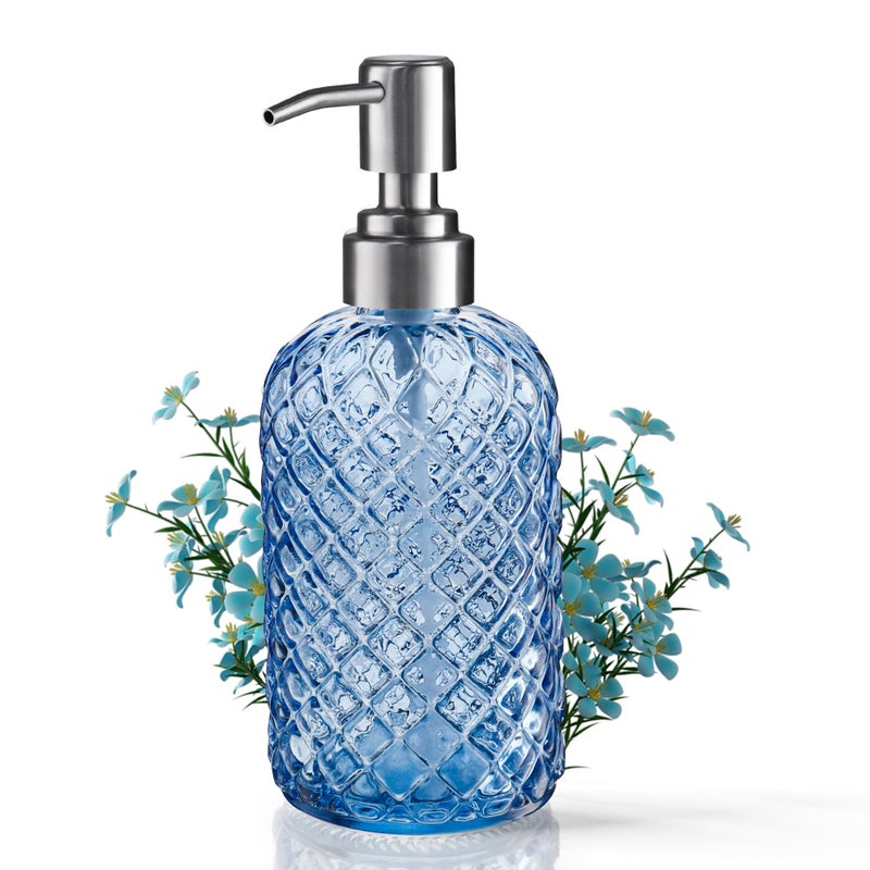 KAI SHUN 12 Oz Refillable Glass Soap Dispenser With Rust Proof Stainless Steel Pump  For Dispense Hand Soap  Body Wash  Lotion (Blue) - Image 1