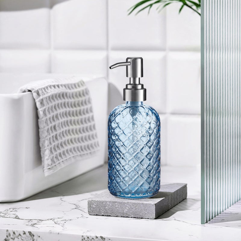 KAI SHUN 12 Oz Refillable Glass Soap Dispenser With Rust Proof Stainless Steel Pump  For Dispense Hand Soap  Body Wash  Lotion (Blue) - Image 5
