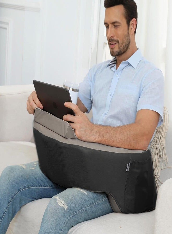 NPET Reading Pillow Couch Lap Desk for Gaming, Memory Foam Arm Rest Pillow with Washable Cover, Arm Desk Pillow with 2 Side Pockets & Cup Holders for Unisex Gaming, Reading & Working (Black) - Image 1