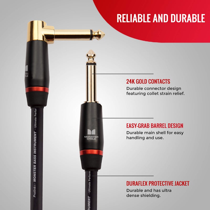 Monster Prolink Bass Instrument Cable â€“ 12ft Right Angle to Straight Guitar Cable with 95% Copper Shielding - Image 2