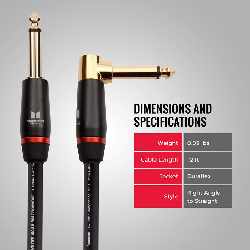 Monster Prolink Bass Instrument Cable â€“ 12ft Right Angle to Straight Guitar Cable with 95% Copper Shielding - Image 5