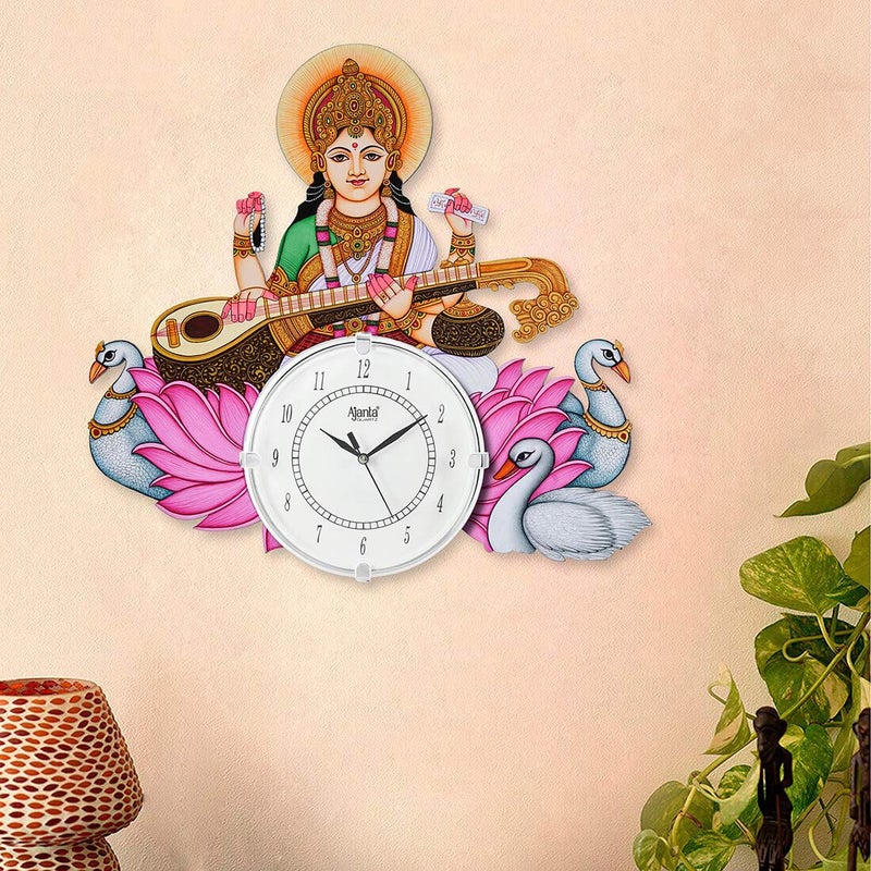 CIRCADIAN Decorative Analog Wooden Wall Clock For Home Stylish Big Wall Clock For Home Living Room Bedroom Office Hall (Multi-Color, Big Size, Saraswati W, 14 Inch) - Image 2