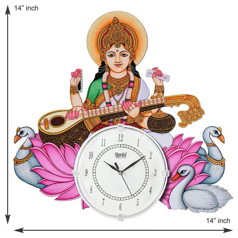 CIRCADIAN Decorative Analog Wooden Wall Clock For Home Stylish Big Wall Clock For Home Living Room Bedroom Office Hall (Multi-Color, Big Size, Saraswati W, 14 Inch) - Image 4