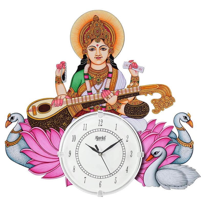 CIRCADIAN Decorative Analog Wooden Wall Clock For Home Stylish Big Wall Clock For Home Living Room Bedroom Office Hall (Multi-Color, Big Size, Saraswati W, 14 Inch) - Image 1
