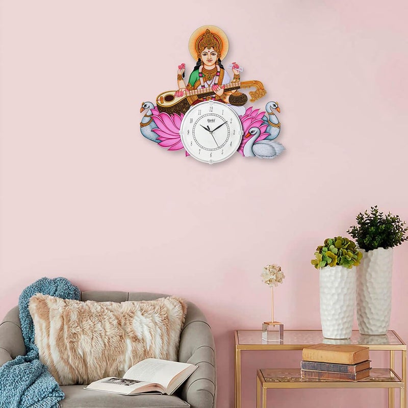 CIRCADIAN Decorative Analog Wooden Wall Clock For Home Stylish Big Wall Clock For Home Living Room Bedroom Office Hall (Multi-Color, Big Size, Saraswati W, 14 Inch) - Image 3