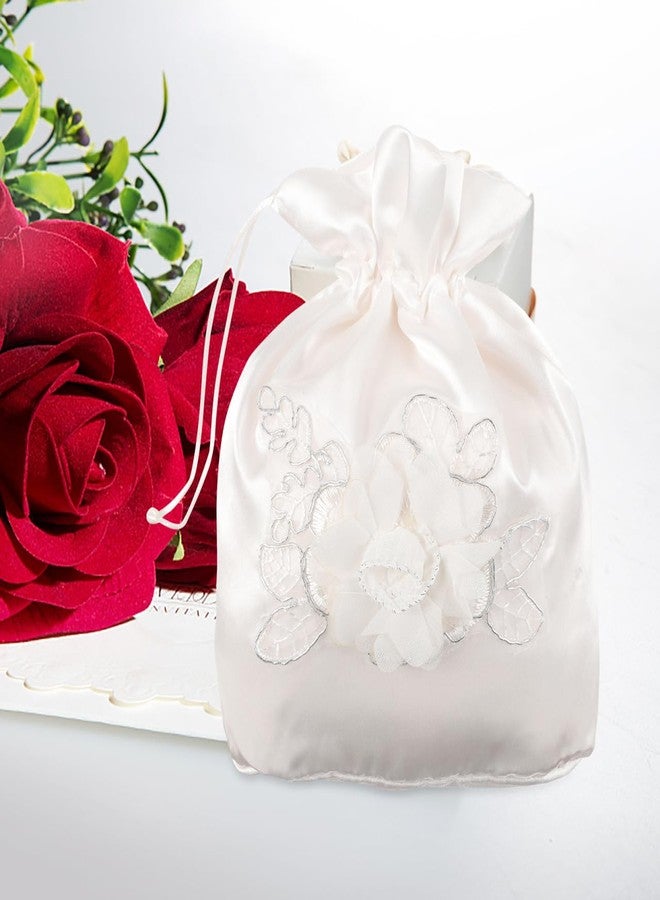 ULDIGI Satin Bridal Flower Bag Drawstring Handbag Wedding Gift Bag Floral Bridesmaid Purse 8.85X8.66 Inches White Tote for Wedding Ceremony - Image 5