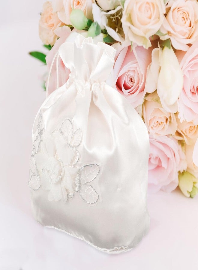 ULDIGI Satin Bridal Flower Bag Drawstring Handbag Wedding Gift Bag Floral Bridesmaid Purse 8.85X8.66 Inches White Tote for Wedding Ceremony - Image 3