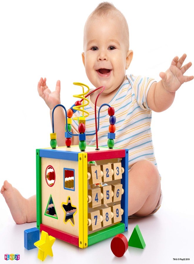 Play22 Wooden Activity Play Cube 6 in-1 for Baby with Removable Bead Maze, Shape Sorter, Abacus Counting Beads & Numbers, Sliding Shapes, 8Pcs Stacking Cups - Play22 - Image 2